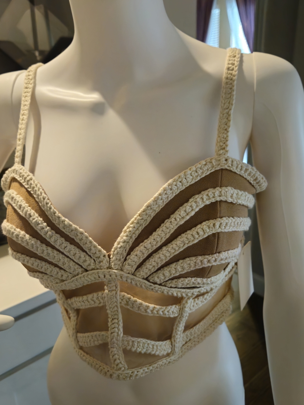 JLUXLABEL Crochet Trim Tan & Cream Crop Top